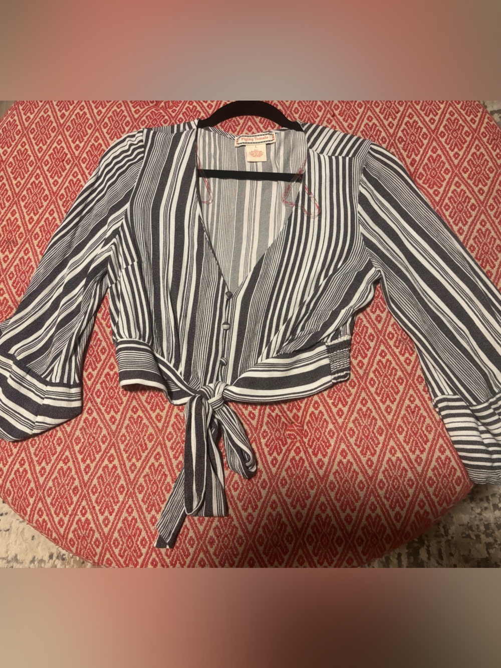 Flying Tomato Black & White Vertical Stripe V-Neck Top